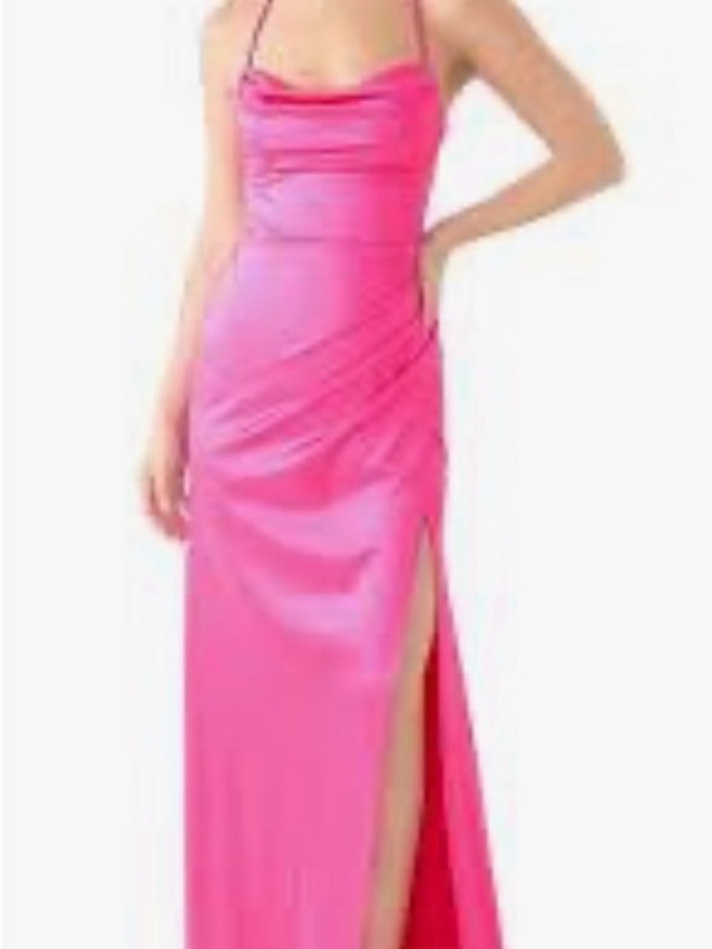 B Darlin Hot Pink Satin Cowl-Neck Maxi Dress with Side Slit